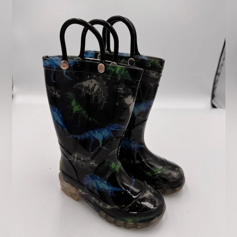 Western Chief Toddler Boy Size 6 Black and Blue Dinosaur Light Up Rain Boots